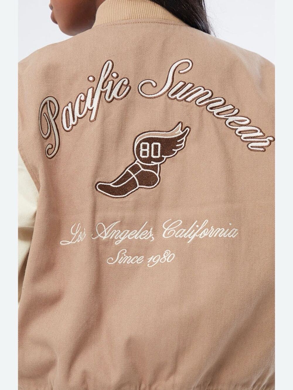 Pacific Sunwear Tan and Cream Embroidered Varsity Back
